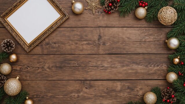 Christmas-themed items like a frame, glittery spheres, and figurines displayed on a wooden tabletop, viewed from the top with room for text