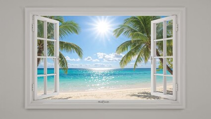 Tropical palms visible through an open window revealing a serene beach scene