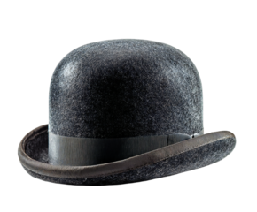 Classic grey bowler hat with black band, stylish vintage fashion accessory shot in studio on transparent background