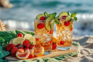 Two glasses of cocktails on a basket background. Summer picnic with fruits on beach. Green plaid
