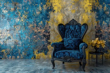 stylist and royal Modern interior room with armchair.Blue and yellow wall background