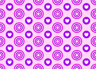 Pattern showcasing alternating purple concentric circles and solid purple circles with white hearts inside, set against a pink background. 