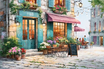 vibrant watercolor painting of a traditional European street cafe at sunset, cozy lighting, people chatting, flowers on tables, romantic ambiance