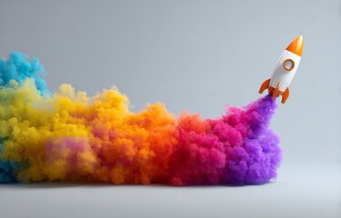 3D Illustration of Rocket Launching with Colorful Smoke and Startup Concept Banner on White Background