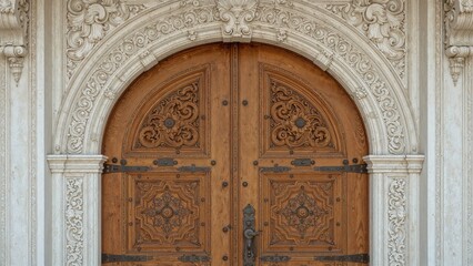 Obraz premium Wooden door adorned with metal studs and decorative details, enclosed in an elegant white ornamental frame
