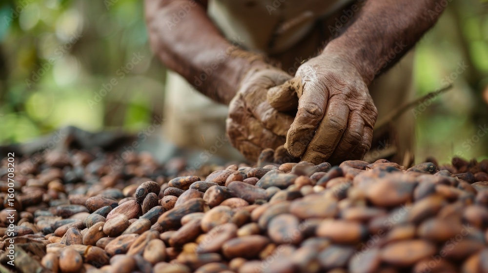 Poster the rustling sound of cacao beans shifting as farmers carefully move them around to ensure even dryi