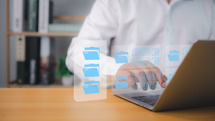 Digital file document management on laptop by professional using cloud computing, secure storage,...