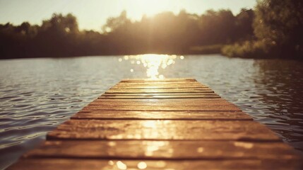Golden hour dock on calm water nature scene