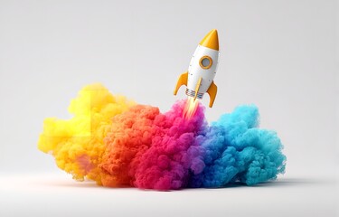 3D Illustration of Rocket Launching with Colorful Smoke and Startup Concept Banner on White Background