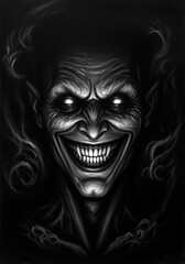 sinister demon with glowing eyes and menacing grin emerges from darkness, surrounded by eerie, swirling shadows. Perfect for Halloween themed art or horror concepts.
