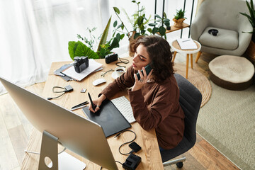 Creative freelancer retouching photos at home with a graphic tablet and stylus pen
