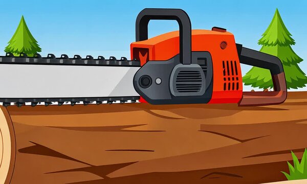 Chainsaw cutting log illustration with trees graphic design