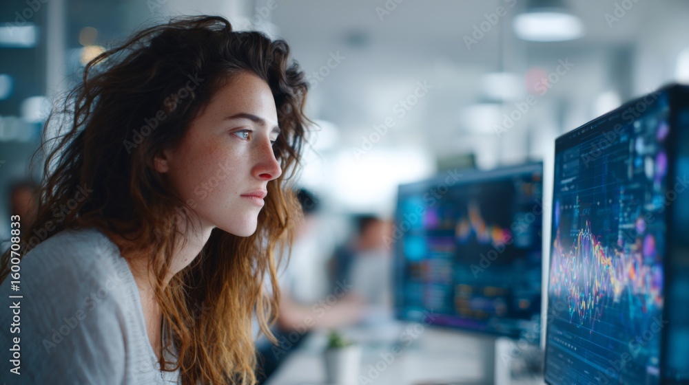 Poster focused small business owner analyzing data on computer screen with ai generated graphs in modern of