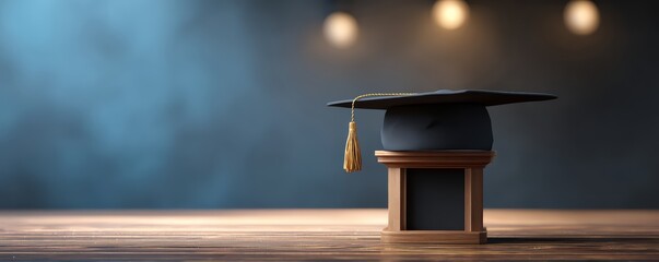 Blank podium with graduation cap and inspirational quote plaque, soft lighting, Dropout Prevention Month theme, minimal educational concept