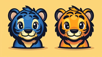 Cute cartoon tigers, two animal characters, smiling, illustration, for children's books, posters, or print