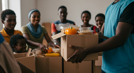 charity, donation and volunteering concept - close up of male volunteer's hands holding box with food over group of people at distribution or refugee assistance center