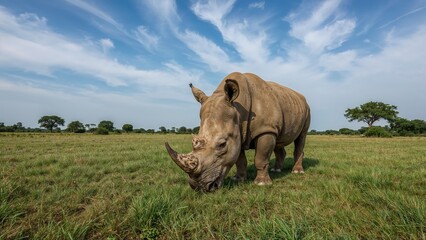 Obraz premium white rhinoceros grazing in open field under clear blue sky with scattered trees in natural habitat of national park environment