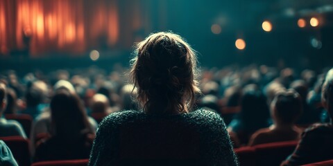 Audience Watching Movie in Theater with Cinematic Lighting and Blurred Crowd for Atmospheric Storytelling