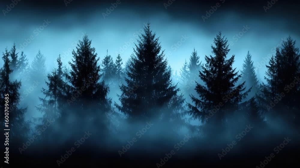 Poster mysterious dark forest silhouette with fog and hazy atmosphere at dusk during twilight hours in calm
