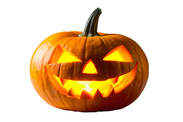 Fototapeta premium A carved jackolantern pumpkin with a glowing orange light emanating from its scary face isolated on a transparent background for halloween