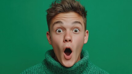 Young Caucasian male with short brown hair, wearing a green sweater, expressing surprise with wide eyes and an open mouth against a green background.
