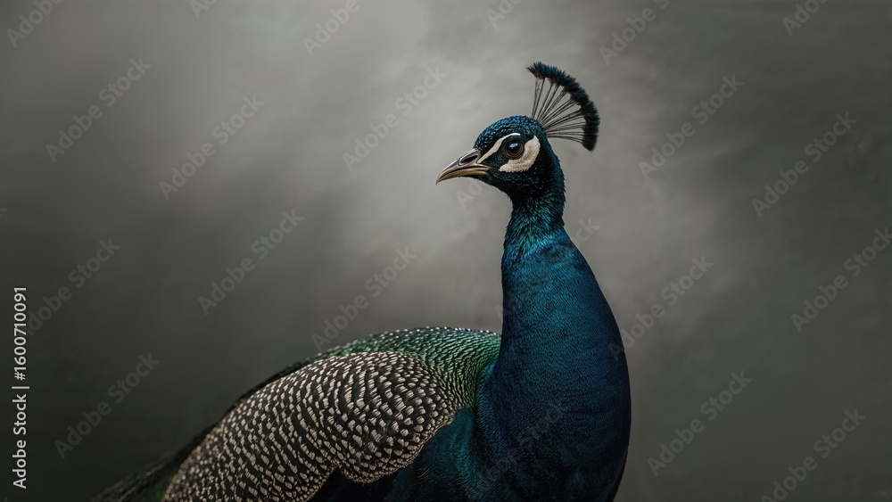Poster softly blurred background emphasizing the monochrome pattern of a peacock's tail