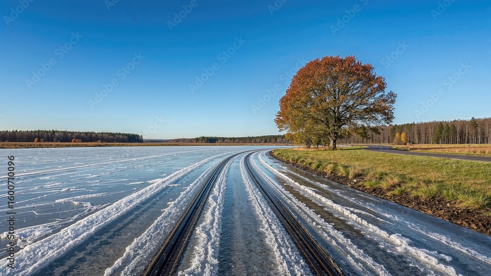 Aufkleber partially iced tracks running through an open field