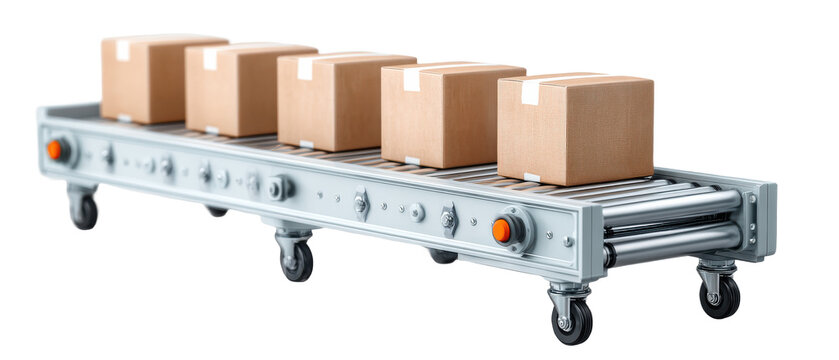 A conveyor belt system transporting five sealed cardboard boxes, designed for efficient movement and handling in industrial or packaging environments.