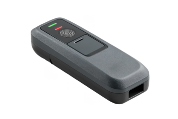 A sleek black fingerprint scanner device with LED indicators and a sensor area, designed for biometric identification and security access.