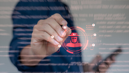 Hacker icon with AI label representing artificial intelligence in cybercrime. Technology security...