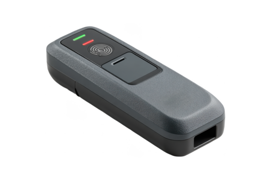 A sleek black fingerprint scanner device with LED indicators and a sensor area, designed for biometric identification and security access. - Powered by Adobe