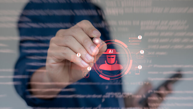 Hacker icon with AI label representing artificial intelligence in cybercrime. Technology security breach and threat detection concept for cybersecurity and malware.