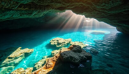 Ethereal cave pool with sunbeams