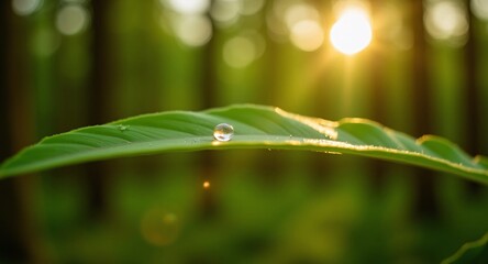 Dewdrop on sunlit leaf reflects forest