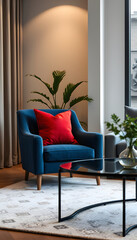 modern living room concept dark blue chair and red pillow with coffee table, Diffused lighting. White tone