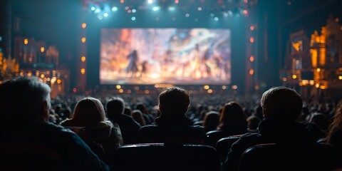 Audience Watching Movie in Theater with Cinematic Lighting and Blurred Crowd for Atmospheric Storytelling