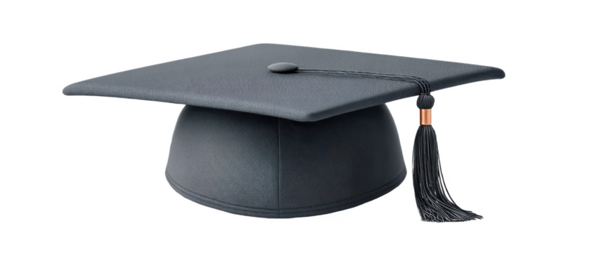 A dark gray graduation cap with a textured fabric surface and a tassel hanging from the top button.