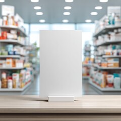 Photorealistic blank poster mockup in pharmacy with shelves of medicine in background, Prescriptions, bright lighting, space for medical campaign or design
