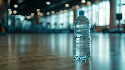 Hydration fitness and wellness clear plastic water bottle in a gym