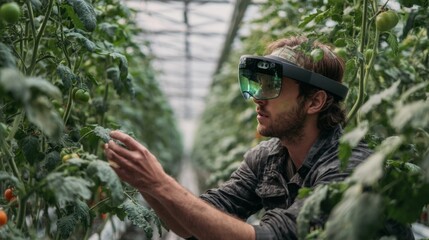 Fototapeta premium Innovative Farmer Utilizing Augmented Reality Technology in High-Tech Greenhouse for Sustainable Agriculture Practices