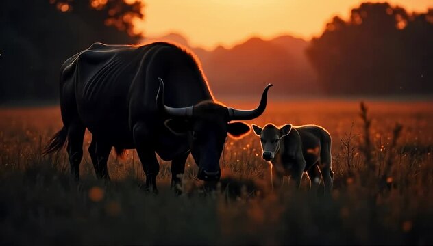 Aurochs standing beside its calf in tall grass