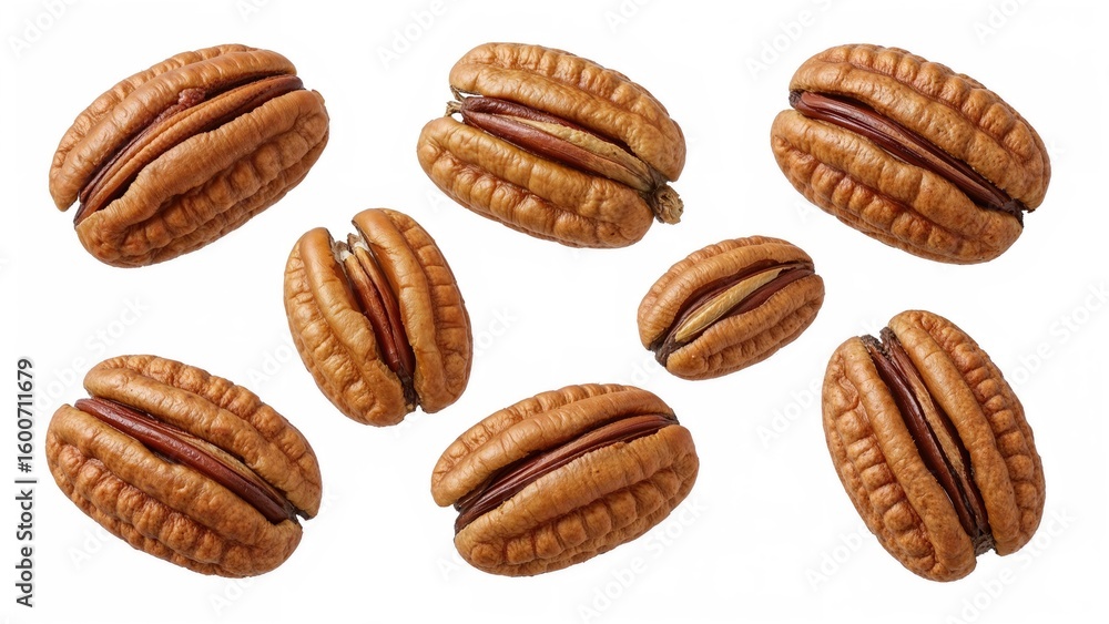 Poster set of pecan nuts presented on white background with design elements for packaging and clipping path
