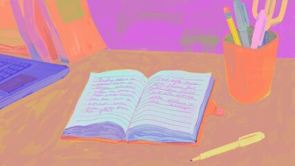 An overhead view of an open notebook filled with handwritten text placed on a desk