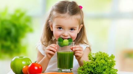 Adorable girl enjoying refreshing green vegetable smoothie