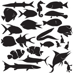 Illustration vector graphics of A set sea fish silhouette in various dynamic poses perfect for background, stickers, Clipart, animals themed, logo, icon, etc.