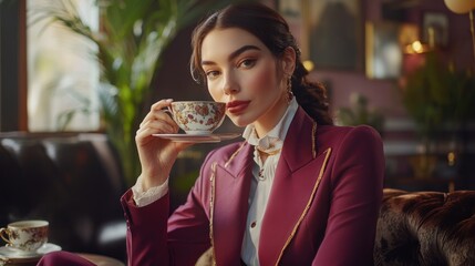 Elegant woman in burgundy blazer enjoying tea
