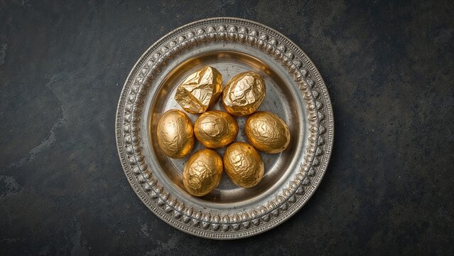 Retirement theme featuring golden nuggets contrasted with golden eggs on a vintage metal dish, symbolizing financial risk and dissatisfaction. - Powered by Adobe