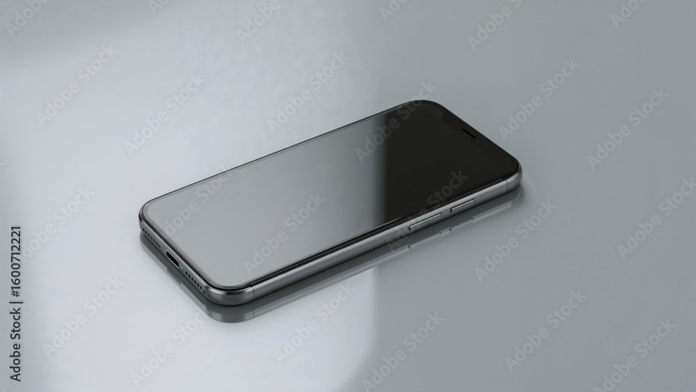 Poster angle shot of a smartphone pro placed on a polished, smooth platform featuring a blank screen withou