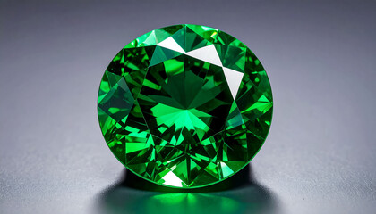 EMERALD in a faceted ROUND shape lies on a grey surface; flat lay; wallpaper