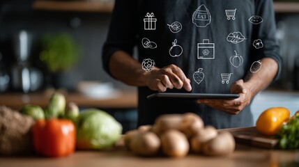 Person Ordering Groceries Online Using Tablet with Vegetables in Kitchen Background